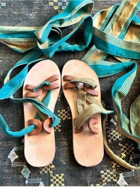 Pre-loved Brother Vellies Zanzibar Sandals in Golden Stripe size 9 **flawed